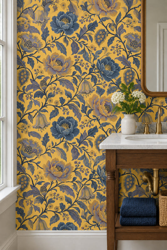 Stylized Garden Flowers Wallpaper Yellow Background
