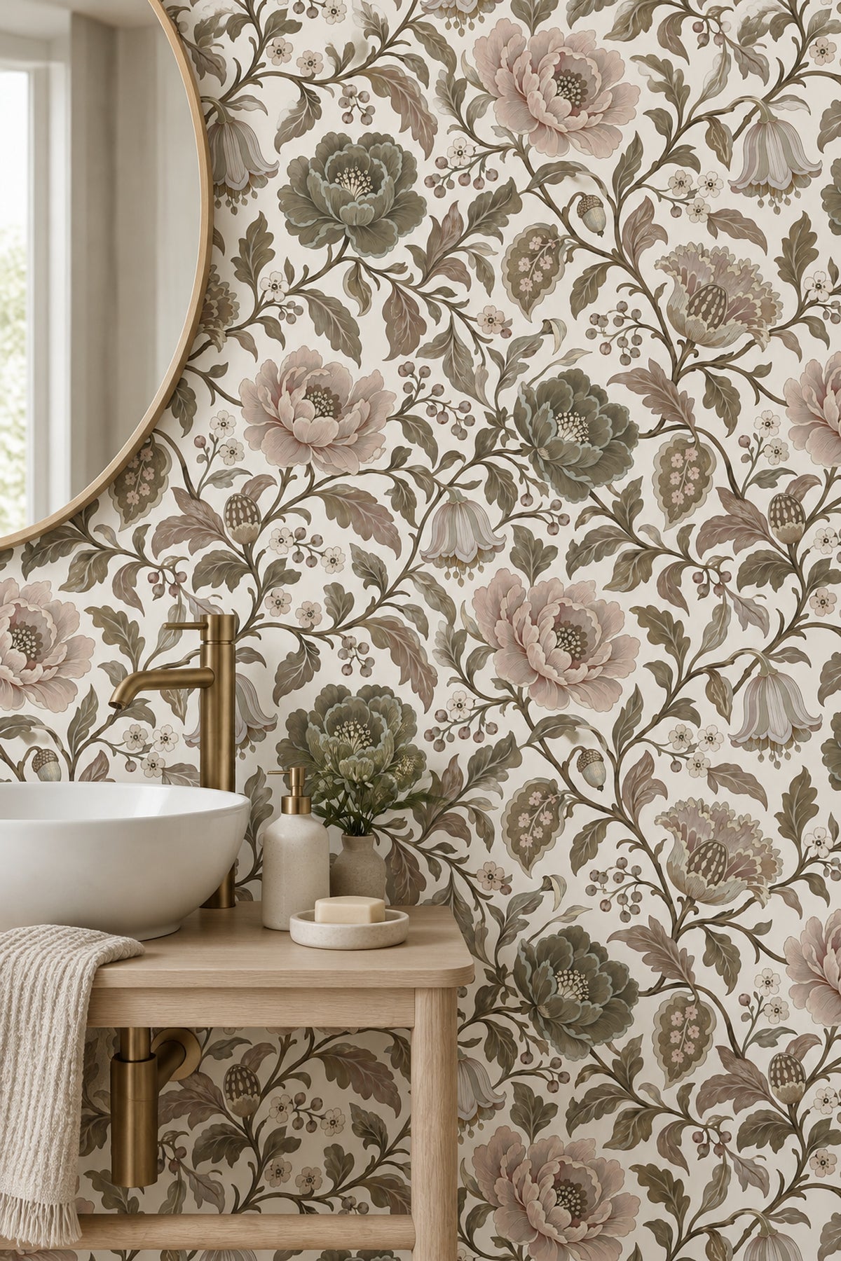 Peony Blossom Wallpaper Vintage Chinoiserie Sage Green Ivory