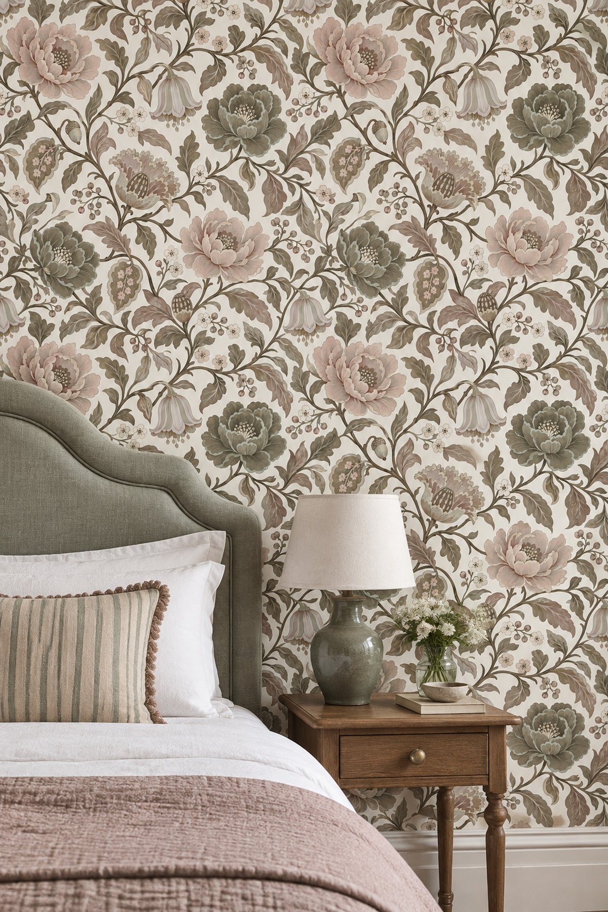 Peony Blossom Wallpaper Vintage Chinoiserie Sage Green Ivory