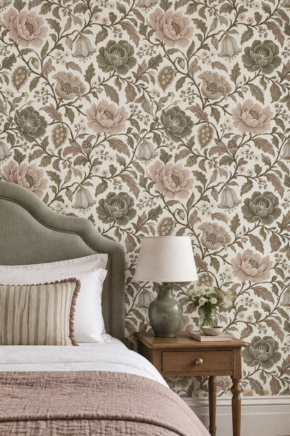 Peony Blossom Wallpaper Vintage Chinoiserie Sage Green Ivory