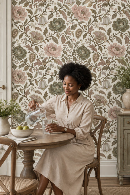 Peony Blossom Wallpaper Vintage Chinoiserie Sage Green Ivory