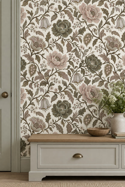 Peony Blossom Wallpaper Vintage Chinoiserie Sage Green Ivory