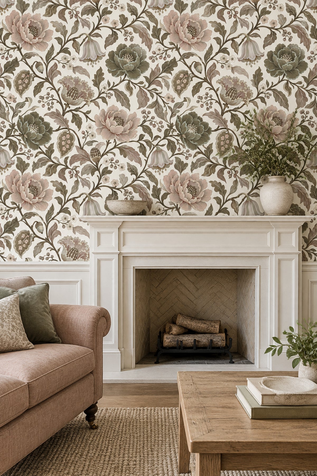 Peony Blossom Wallpaper Vintage Chinoiserie Sage Green Ivory
