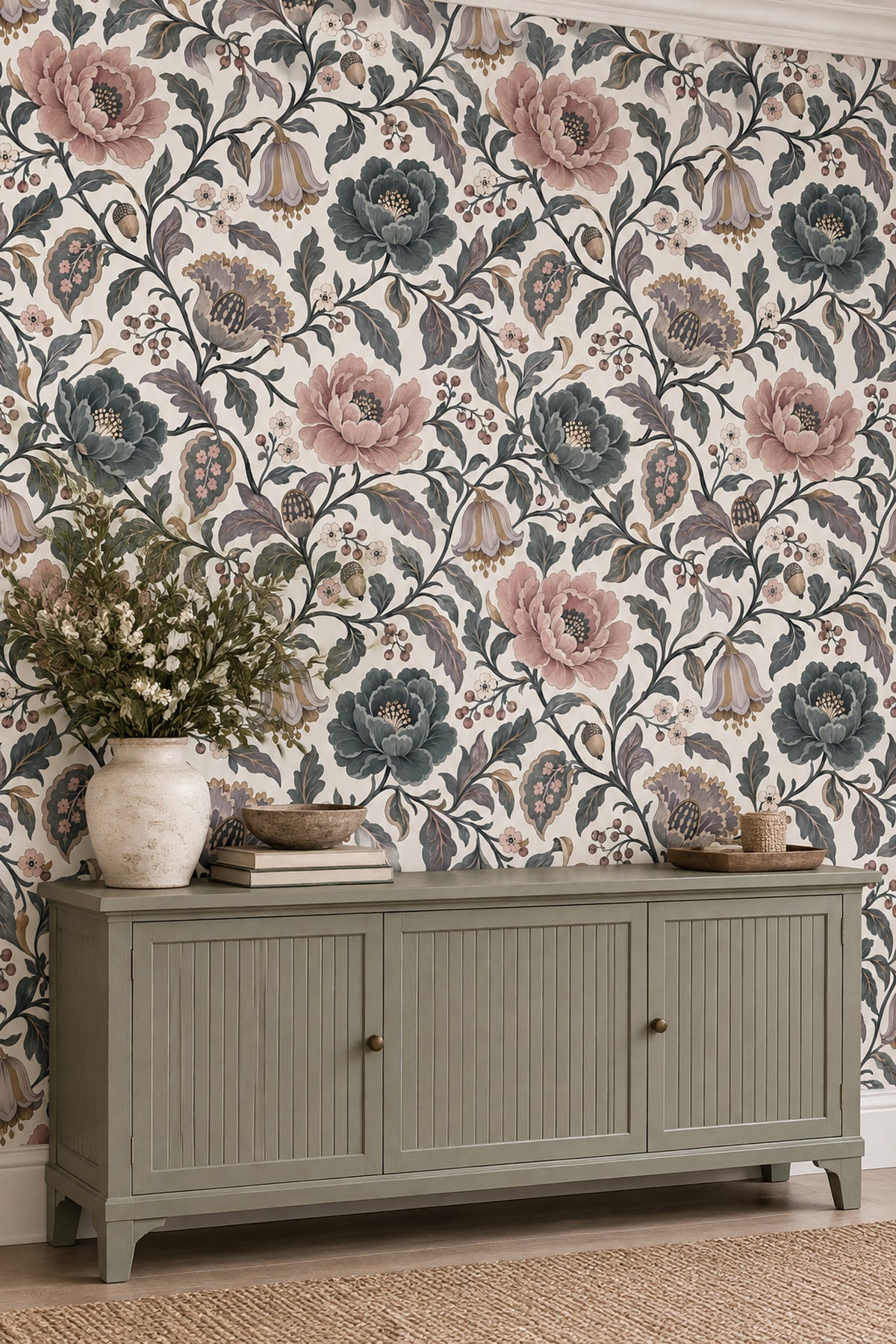 Peony And Berry Vines Wallpaper Cream Pink Teal