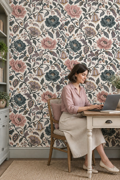 Peony And Berry Vines Wallpaper Cream Pink Teal