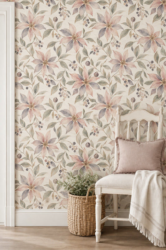 Pastel Floral Branches Wallpaper Watercolor Texture Cream