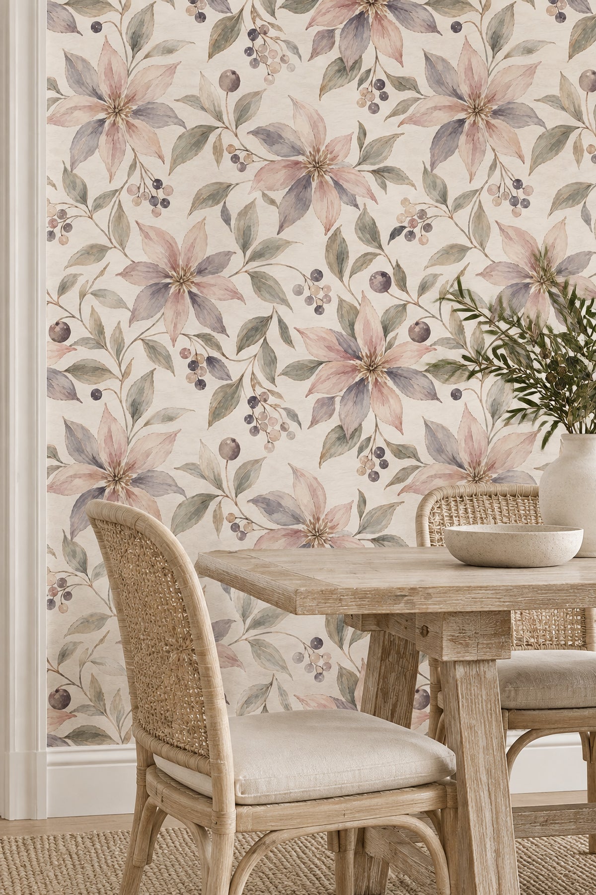 Pastel Floral Branches Wallpaper Watercolor Texture Cream