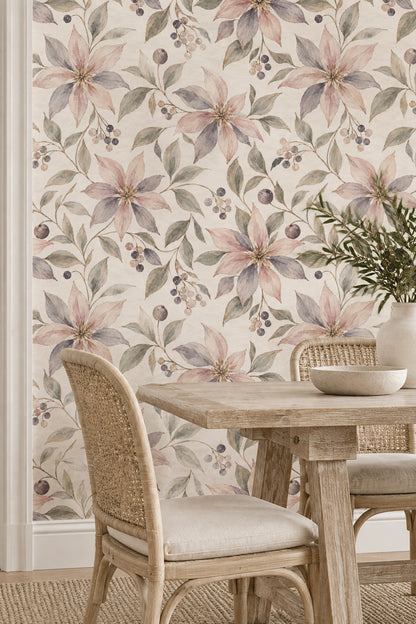 Pastel Floral Branches Wallpaper Watercolor Texture Cream