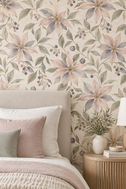 Pastel Floral Branches Wallpaper Watercolor Texture Cream