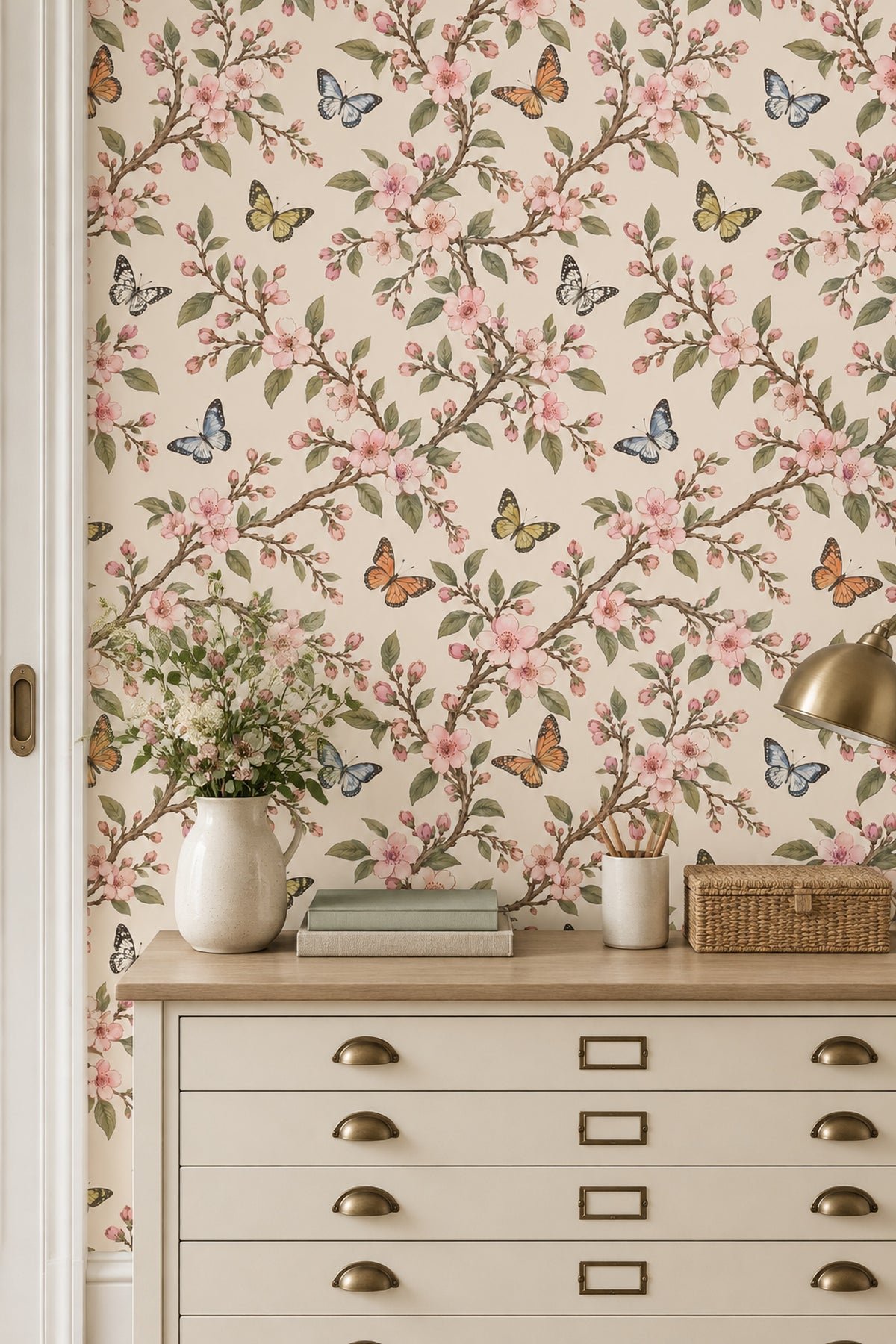 Cherry Blossom Branches Wallpaper Butterflies On Beige