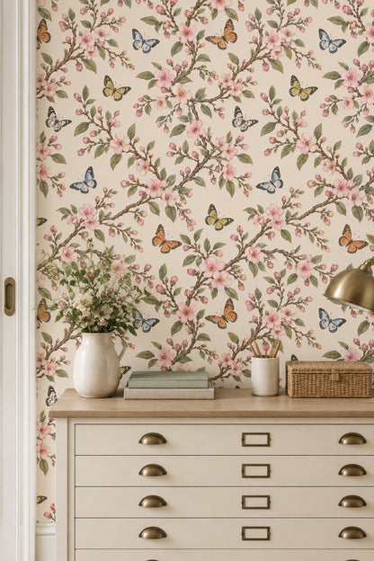 Cherry Blossom Branches Wallpaper Butterflies On Beige