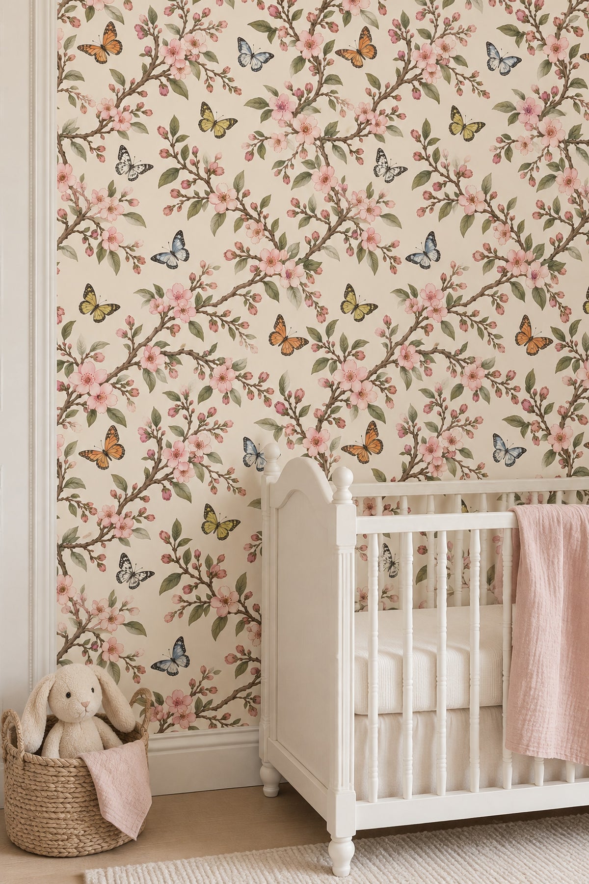 Cherry Blossom Branches Wallpaper Butterflies On Beige