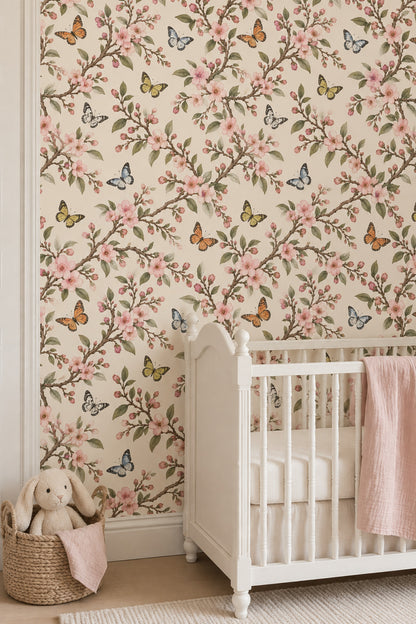 Cherry Blossom Branches Wallpaper Butterflies On Beige