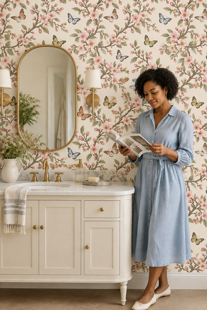 Cherry Blossom Branches Wallpaper Butterflies On Beige