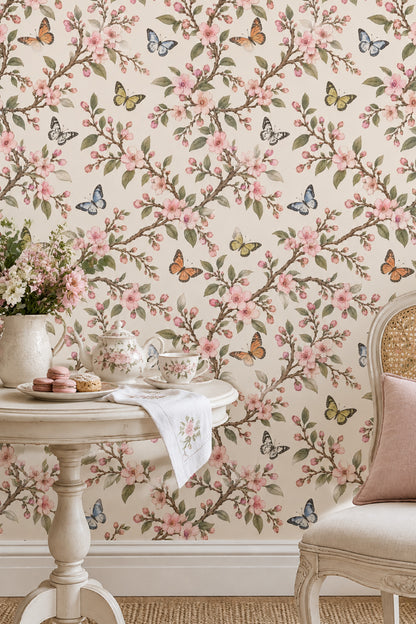 Cherry Blossom Branches Wallpaper Butterflies On Beige