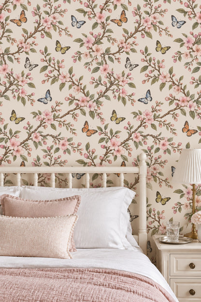 Cherry Blossom Branches Wallpaper Butterflies On Beige