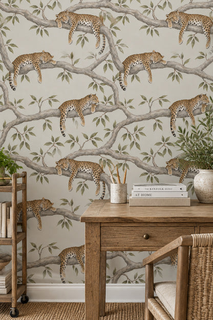 Leopards On Tree Branches Wallpaper Neutral Safari Botanical