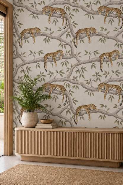 Leopards On Tree Branches Wallpaper Neutral Safari Botanical