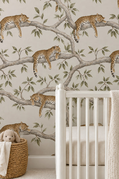 Leopards On Tree Branches Wallpaper Neutral Safari Botanical