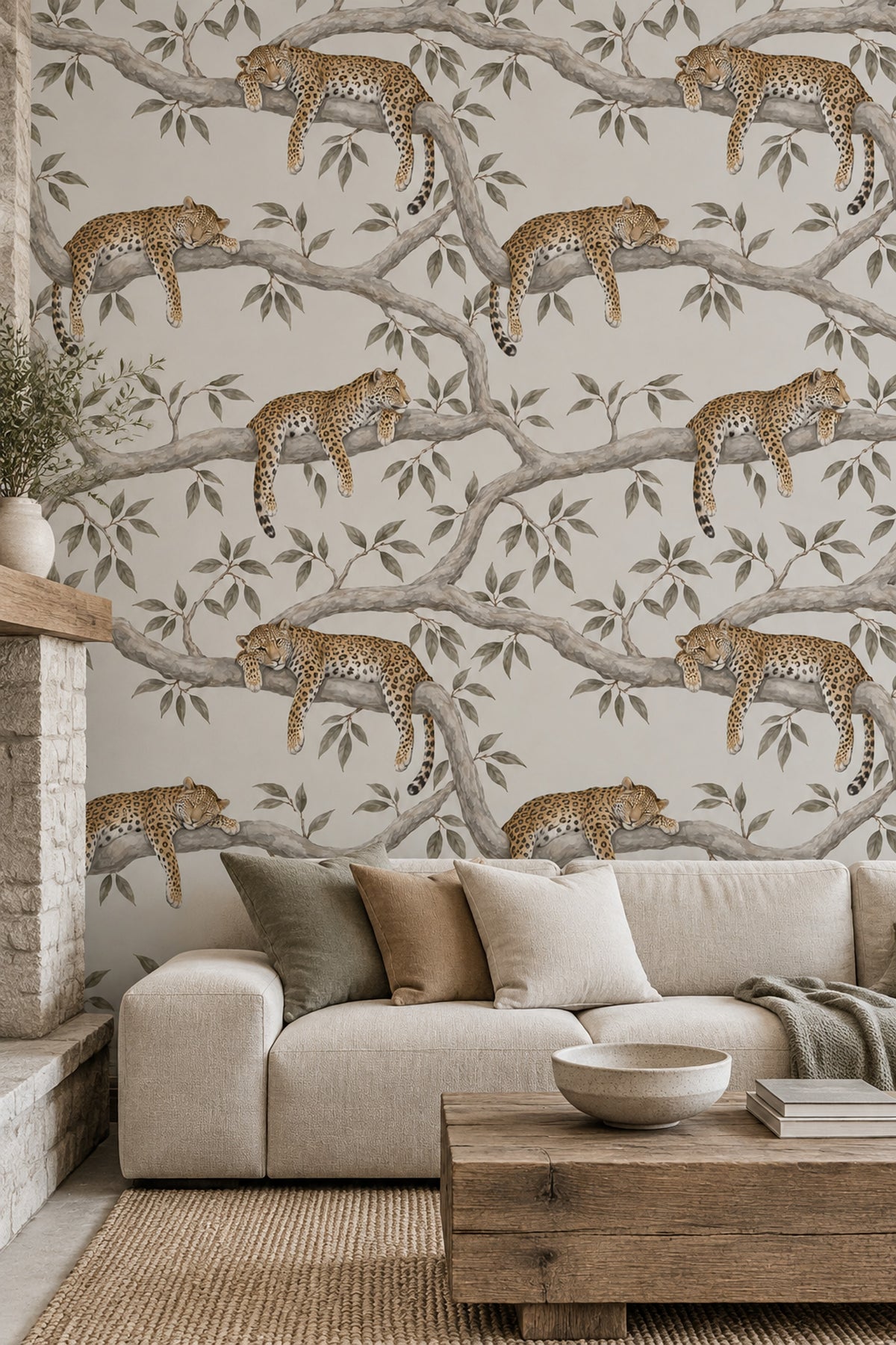 Leopards On Tree Branches Wallpaper Neutral Safari Botanical