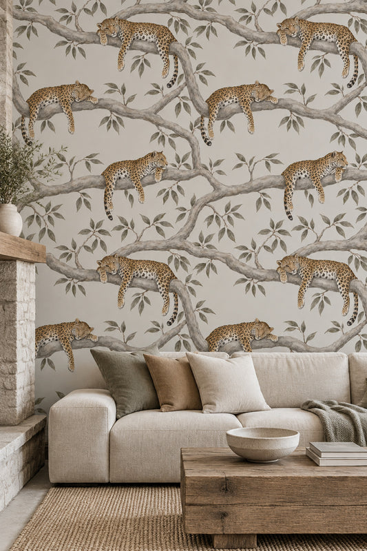 Leopards On Tree Branches Wallpaper Neutral Safari Botanical