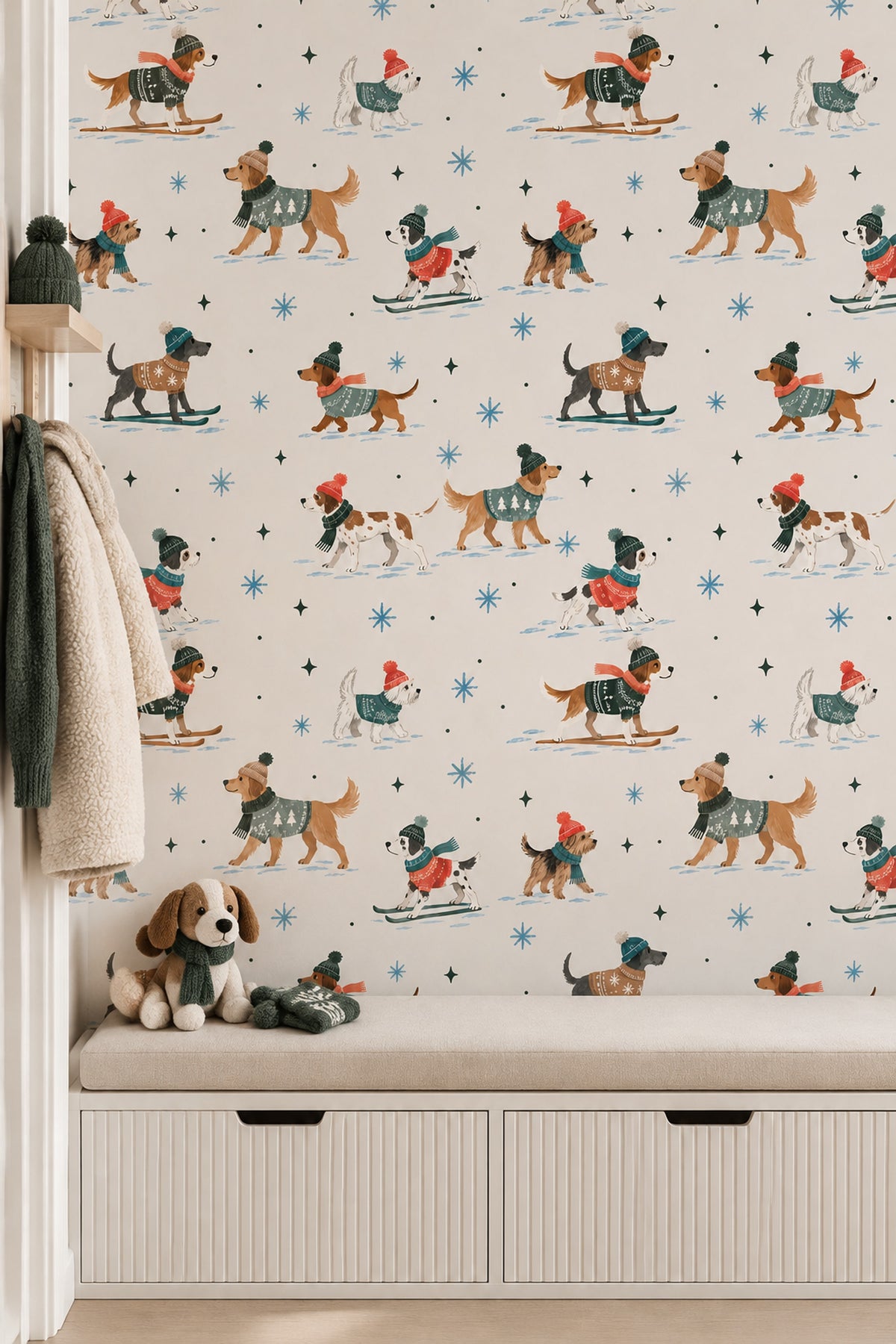 Skiing Dogs Wallpaper Snowflake Pattern On Ivory Background