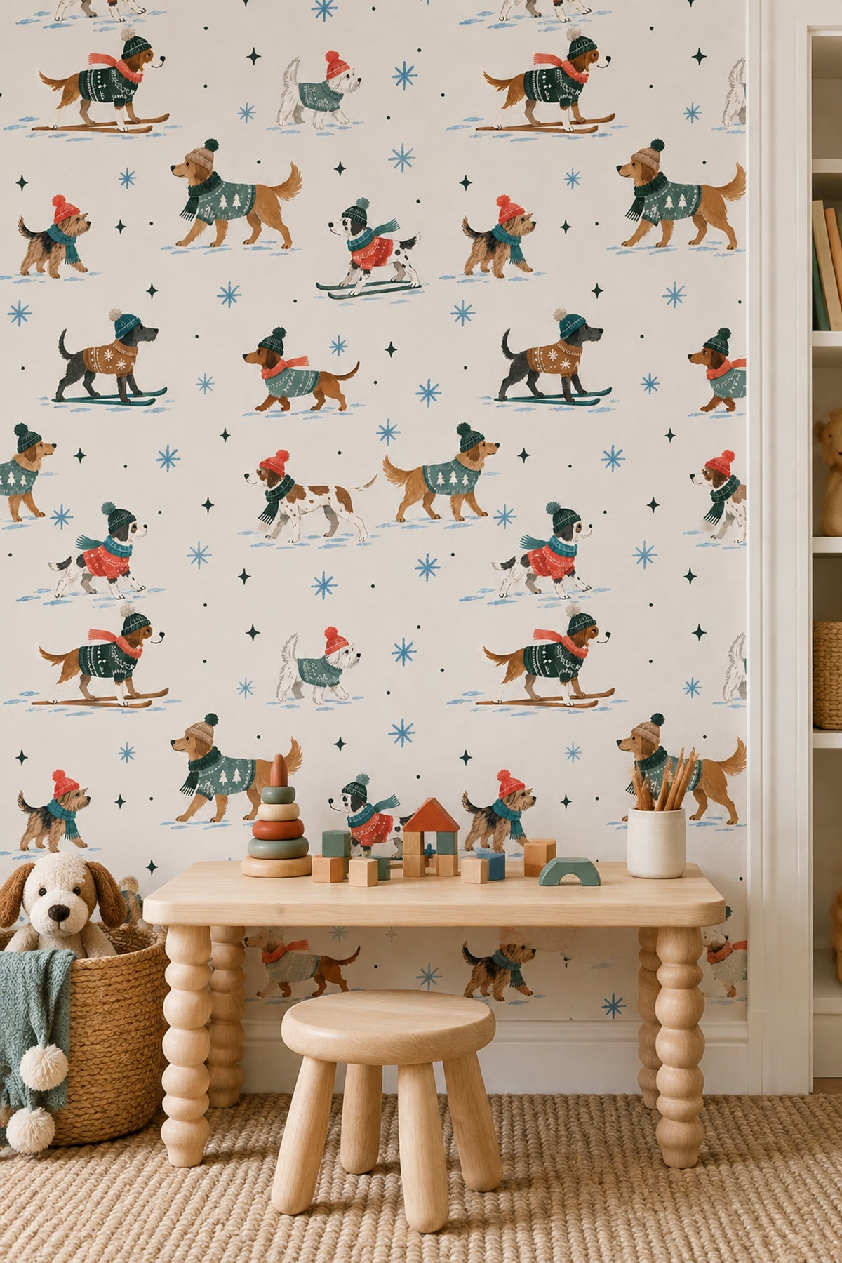 Skiing Dogs Wallpaper Snowflake Pattern On Ivory Background