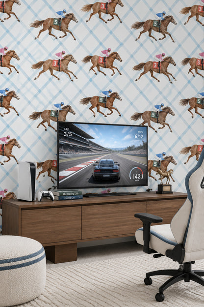 Racing Horses And Jockeys Wallpaper Light Blue Trellis Background