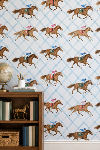 Racing Horses And Jockeys Wallpaper Light Blue Trellis Background