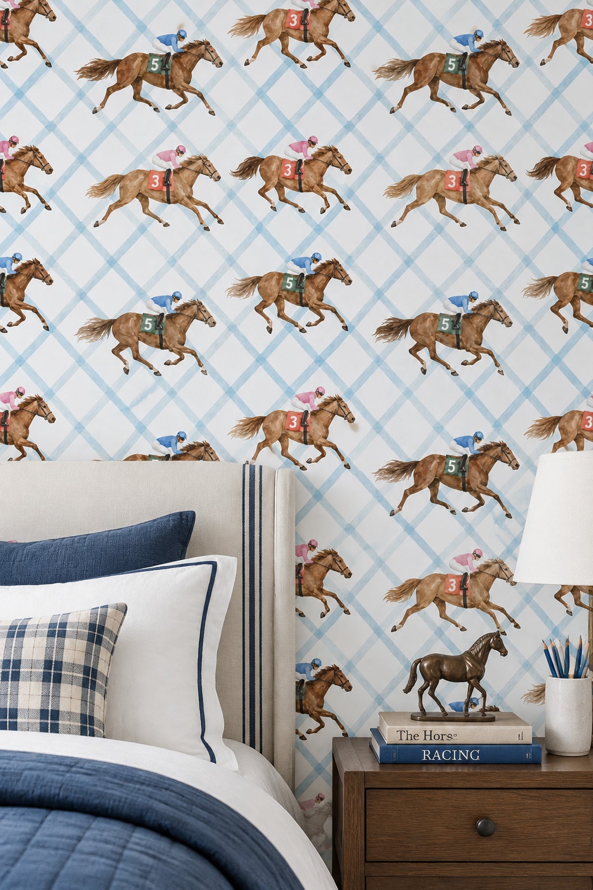 Racing Horses And Jockeys Wallpaper Light Blue Trellis Background