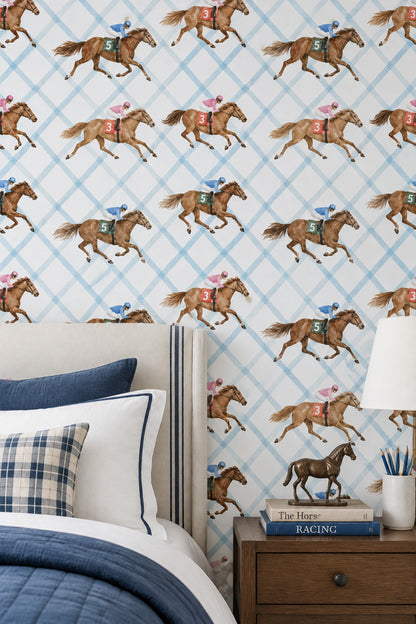 Racing Horses And Jockeys Wallpaper Light Blue Trellis Background