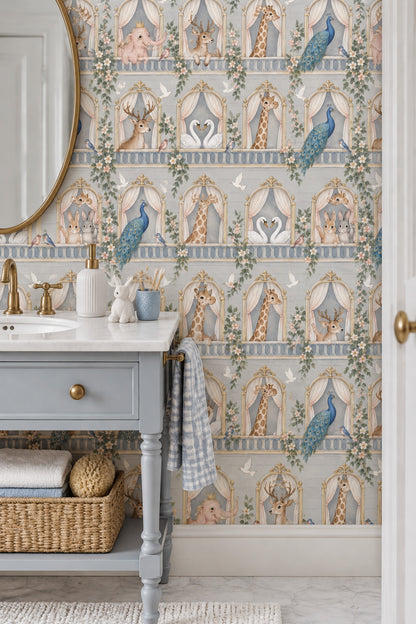 Palace Balcony Animals Wallpaper Light Gray Pastel Watercolor