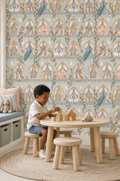 Palace Balcony Animals Wallpaper Light Gray Pastel Watercolor