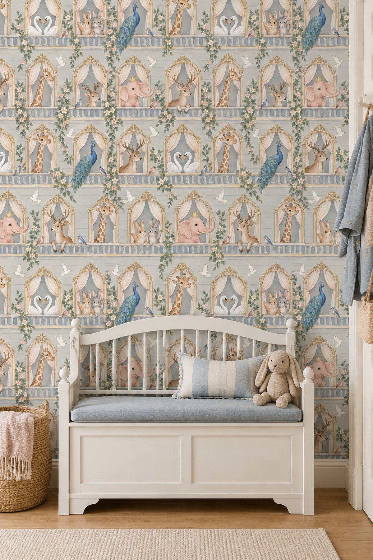 Palace Balcony Animals Wallpaper Light Gray Pastel Watercolor