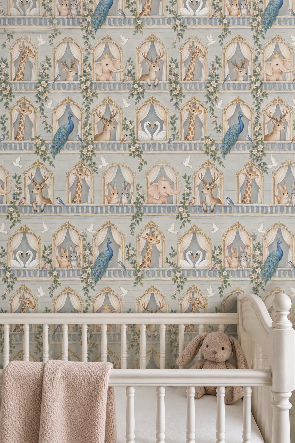 Palace Balcony Animals Wallpaper Light Gray Pastel Watercolor