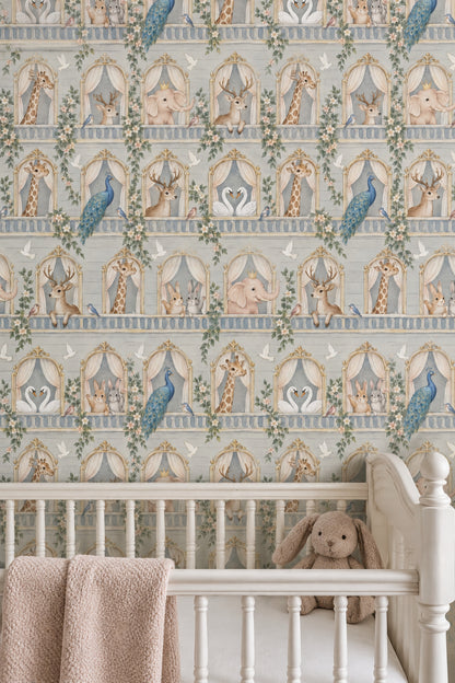 Palace Balcony Animals Wallpaper Light Gray Pastel Watercolor