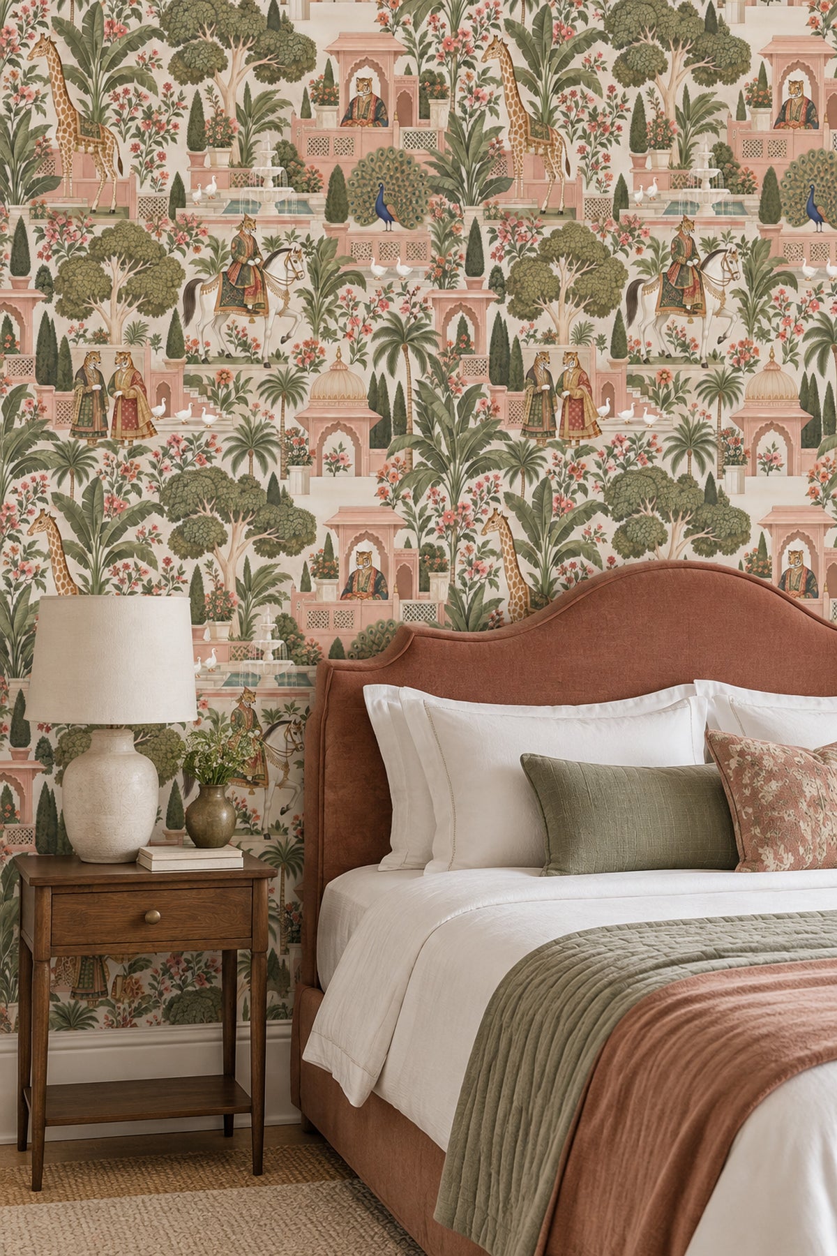 Exotic Palace Garden Animals Wallpaper Pink Sage Chinoiserie