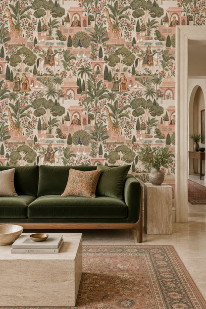 Exotic Palace Garden Animals Wallpaper Pink Sage Chinoiserie
