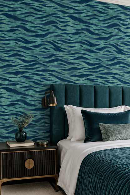 Teal Animal Print Wallpaper Navy Wavy Stripes