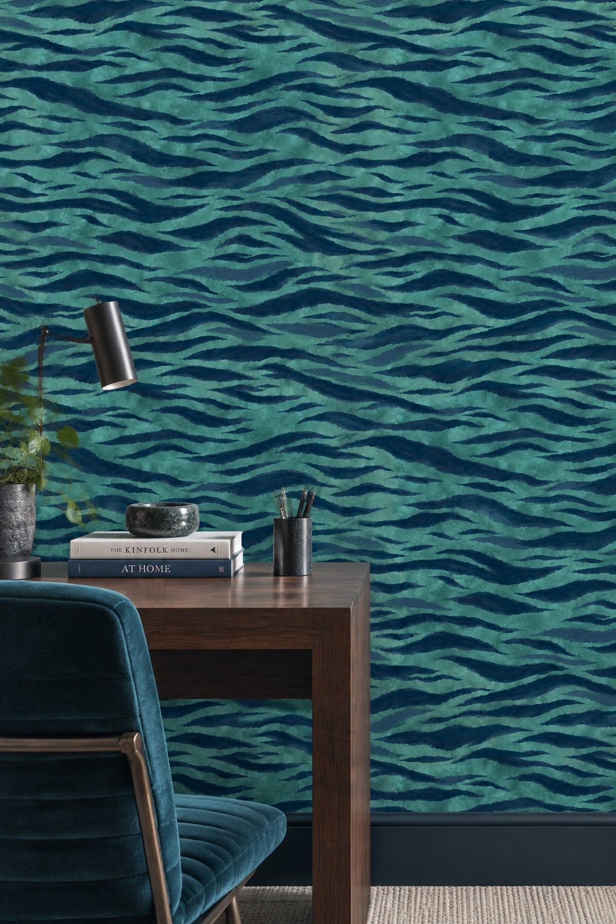 Teal Animal Print Wallpaper Navy Wavy Stripes