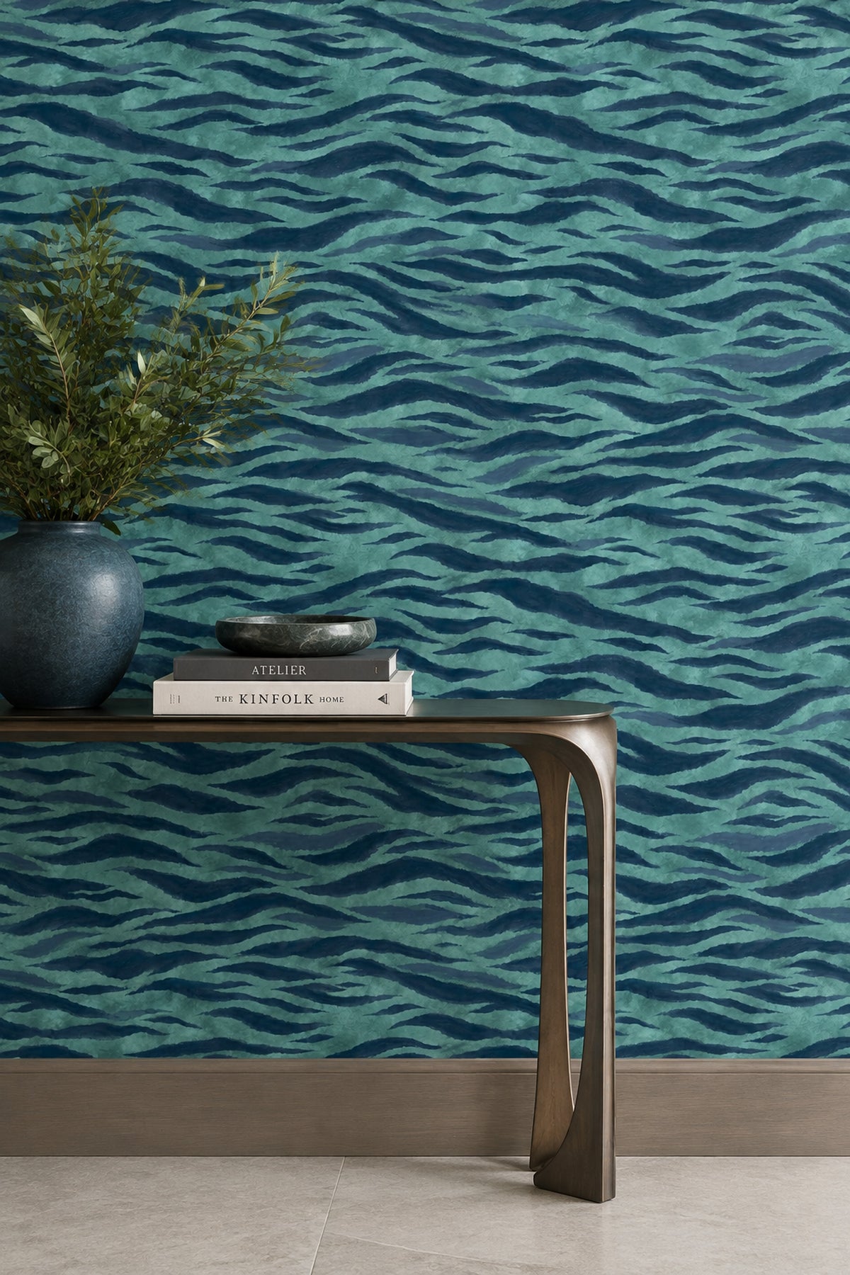 Teal Animal Print Wallpaper Navy Wavy Stripes