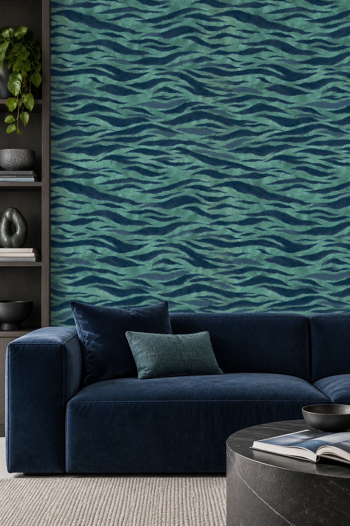 Teal Animal Print Wallpaper Navy Wavy Stripes