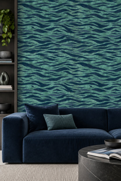 Teal Animal Print Wallpaper Navy Wavy Stripes