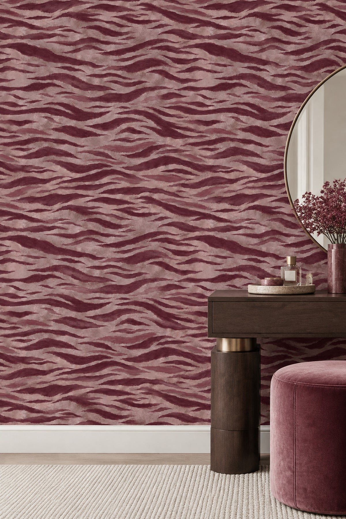 Abstract Tiger Stripe Wallpaper Burgundy And Dusty Pink