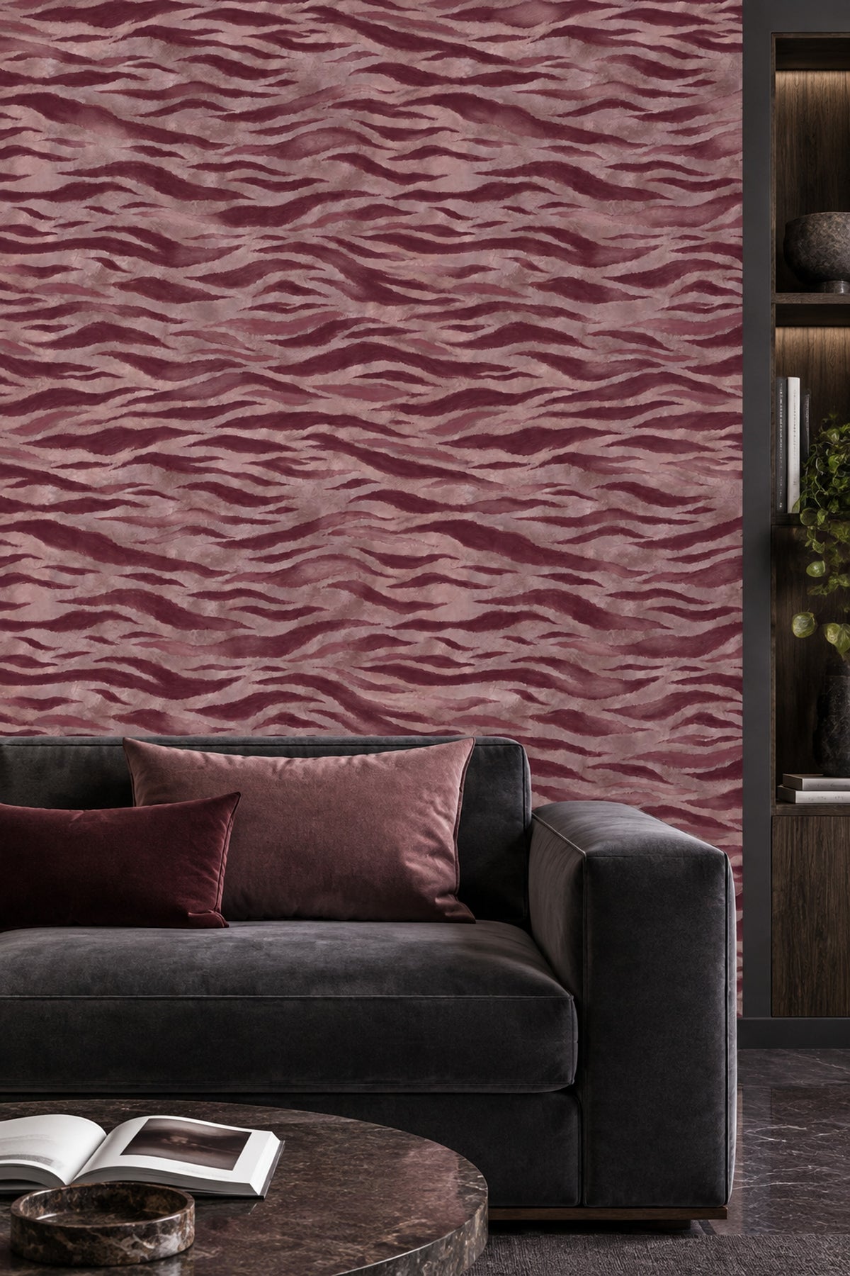 Abstract Tiger Stripe Wallpaper Burgundy And Dusty Pink