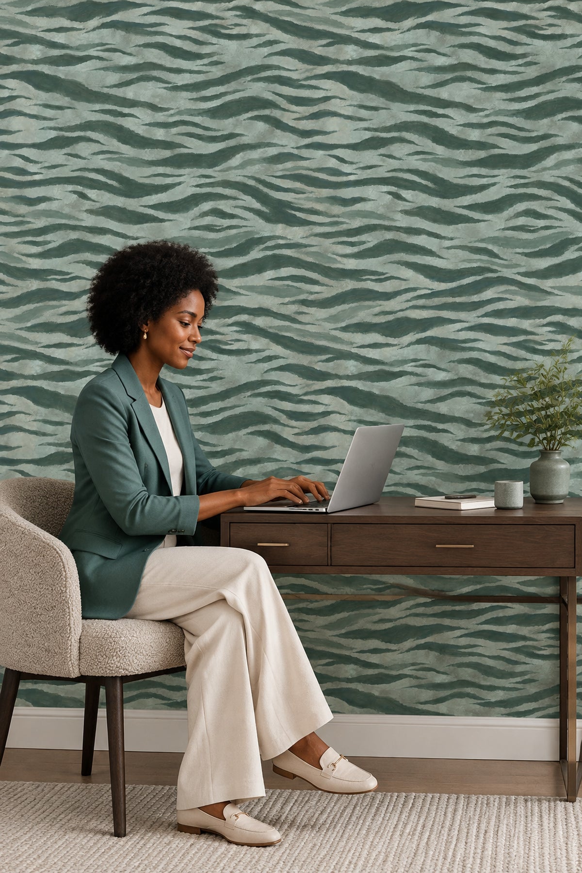 Wavy Brushstroke Bands Wallpaper Muted Green Abstract