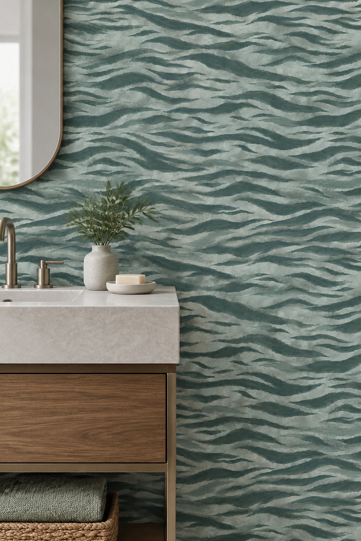 Wavy Brushstroke Bands Wallpaper Muted Green Abstract