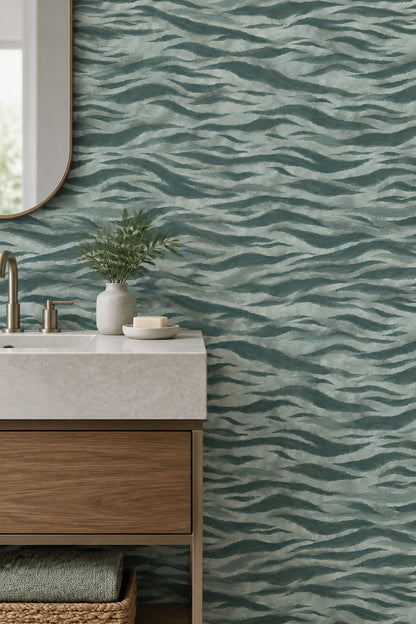Wavy Brushstroke Bands Wallpaper Muted Green Abstract