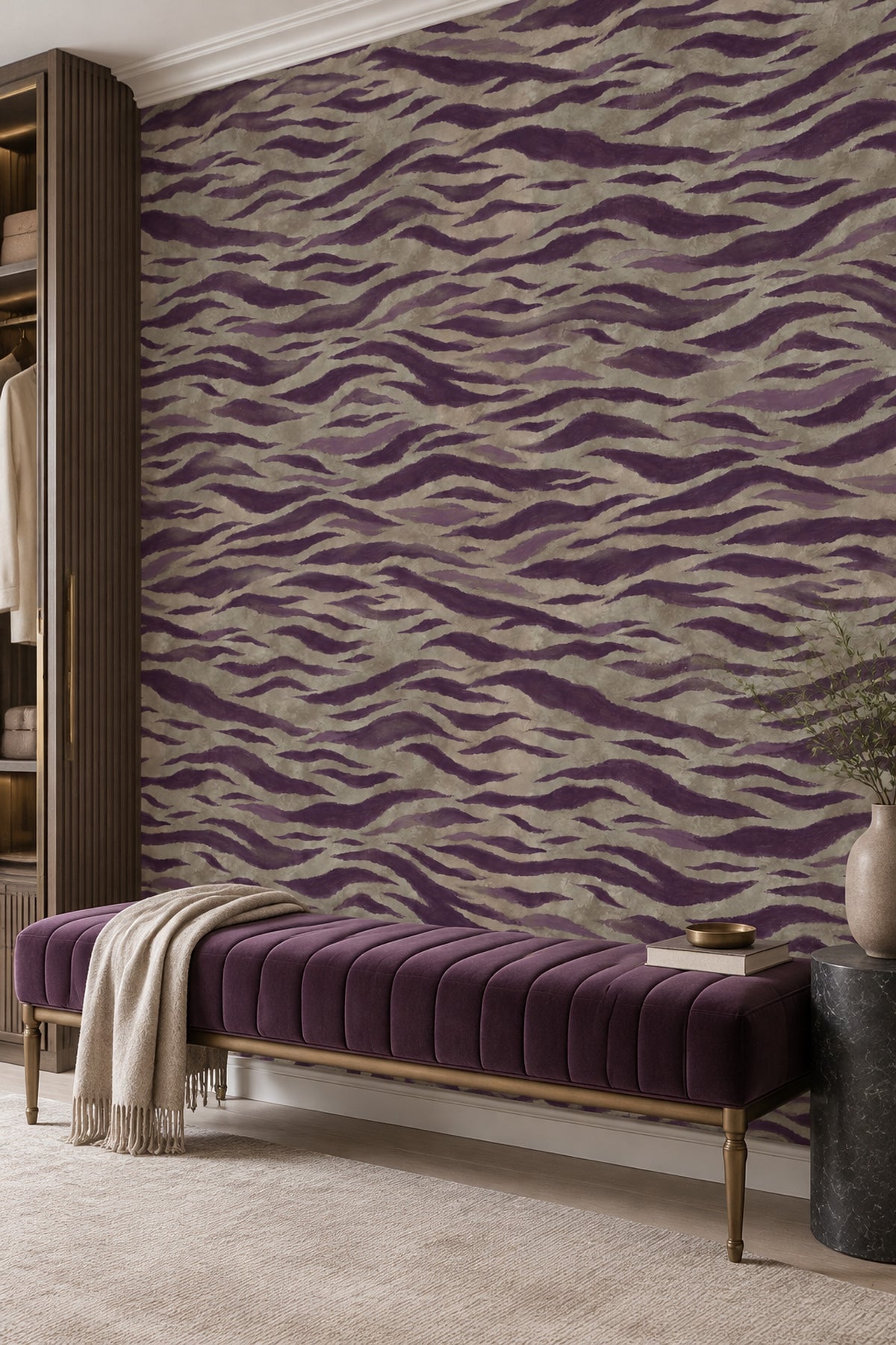 Purple Zebra Stripes Wallpaper Textured Taupe Background
