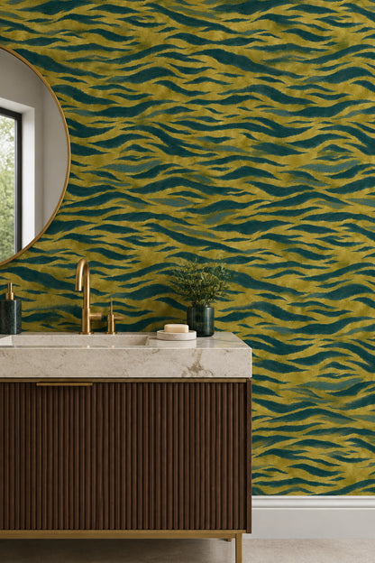 Wavy Animal Print Stripes Wallpaper Textured Gold Teal